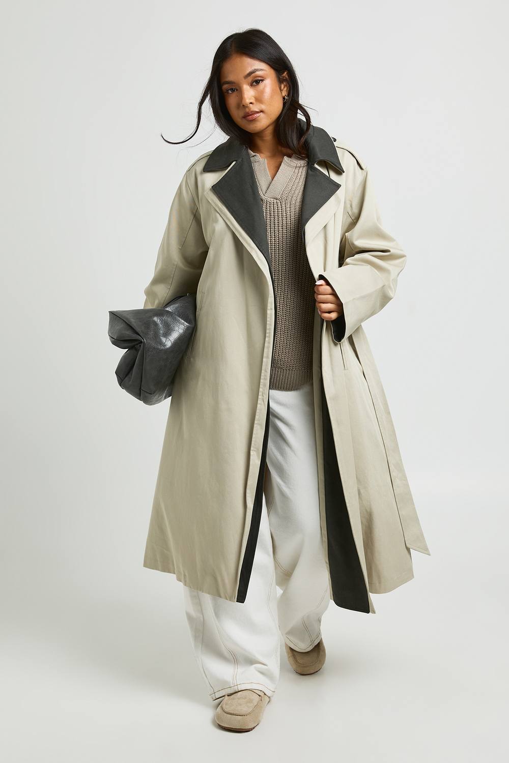 boohoo Women's Petite Double Layer Detail Longline Trench Coat in Stone by boohoo