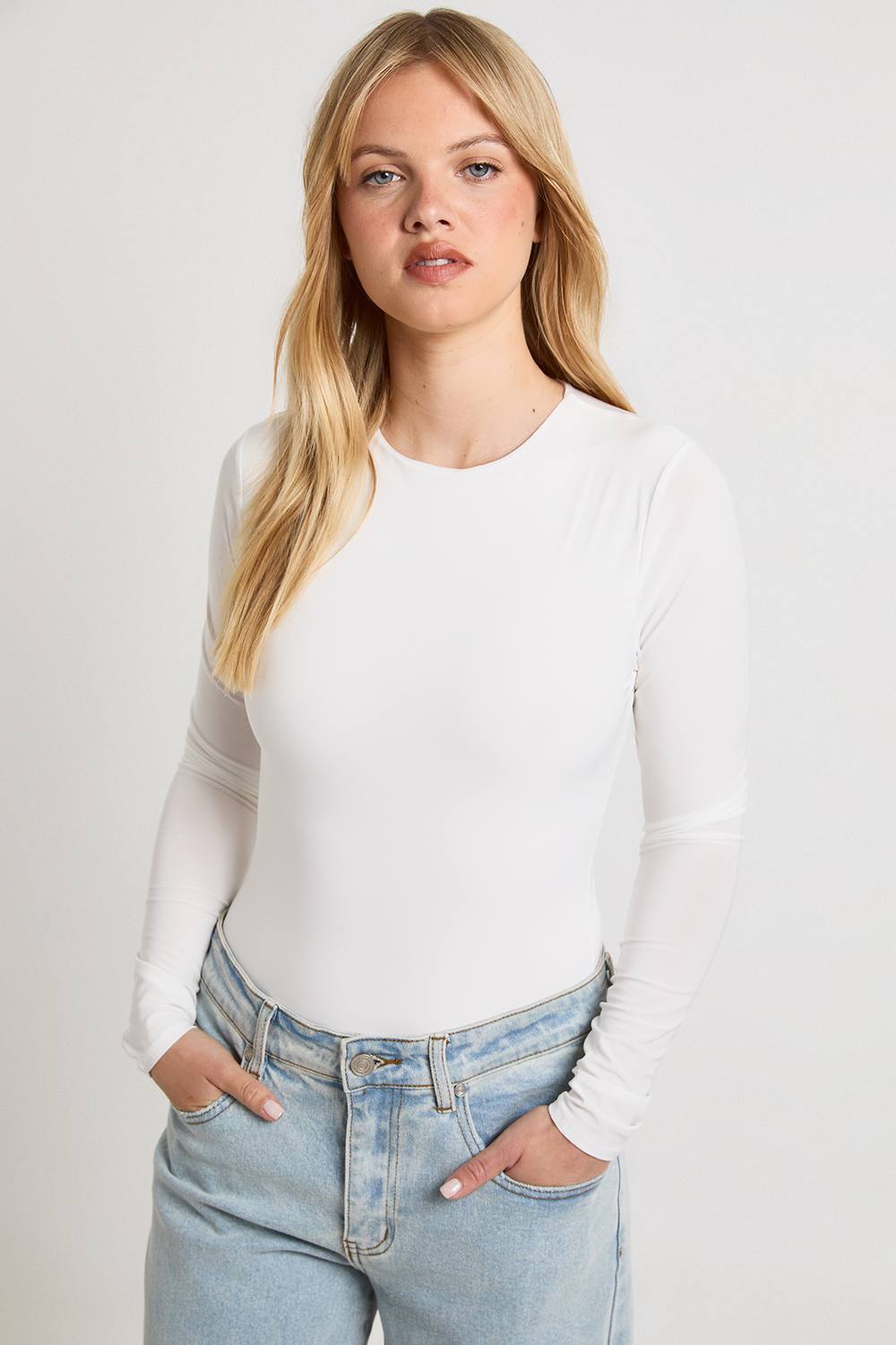 boohoo Women's Petite Double Layer Slinky Long Sleeve Crew Neck Bodysuit in White by boohoo