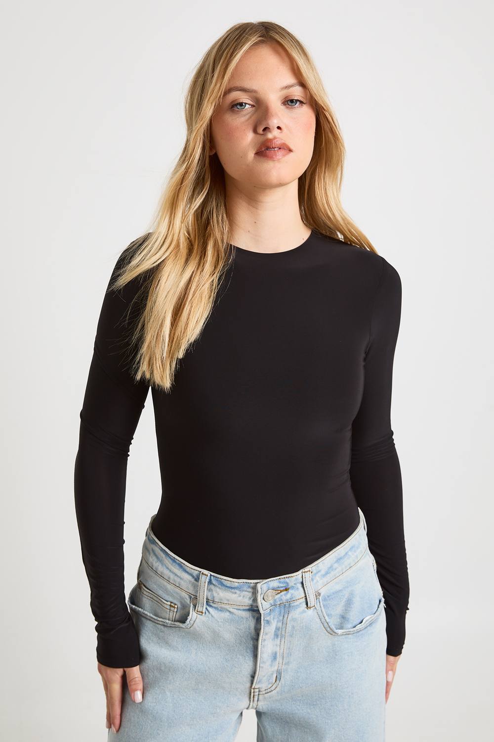 boohoo Women's Petite Double Layer Slinky Long Sleeve Crew Neck Bodysuit in Black by boohoo
