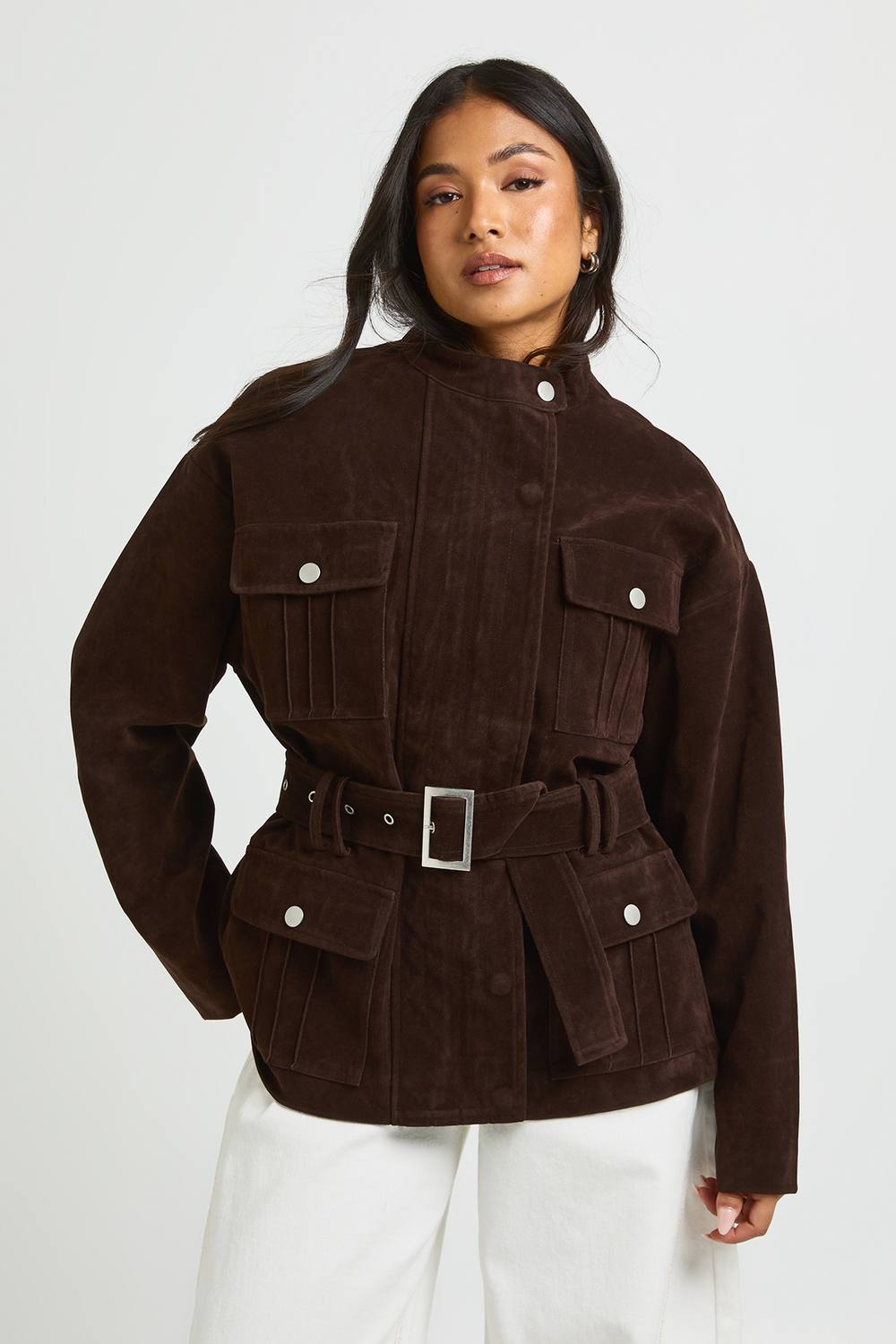 boohoo Women's Petite Faux Suede Belted Jacket in Chocolate by boohoo