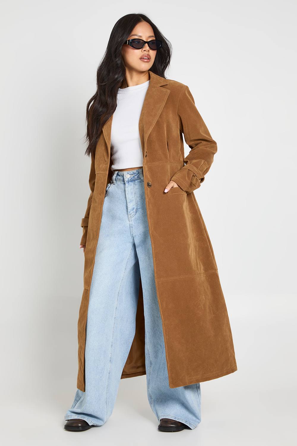 boohoo Women's Petite Faux Suede Cinched Longline Coat in Tan by boohoo