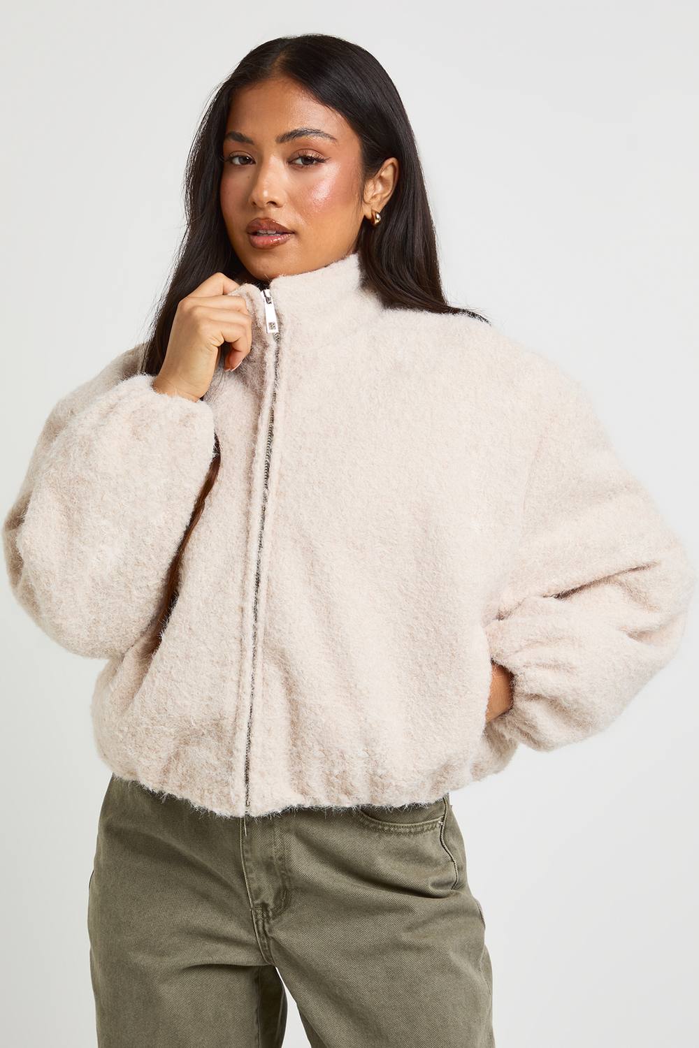 boohoo Women's Petite Funnel Neck Wool Look Bomber Jacket in Stone by boohoo