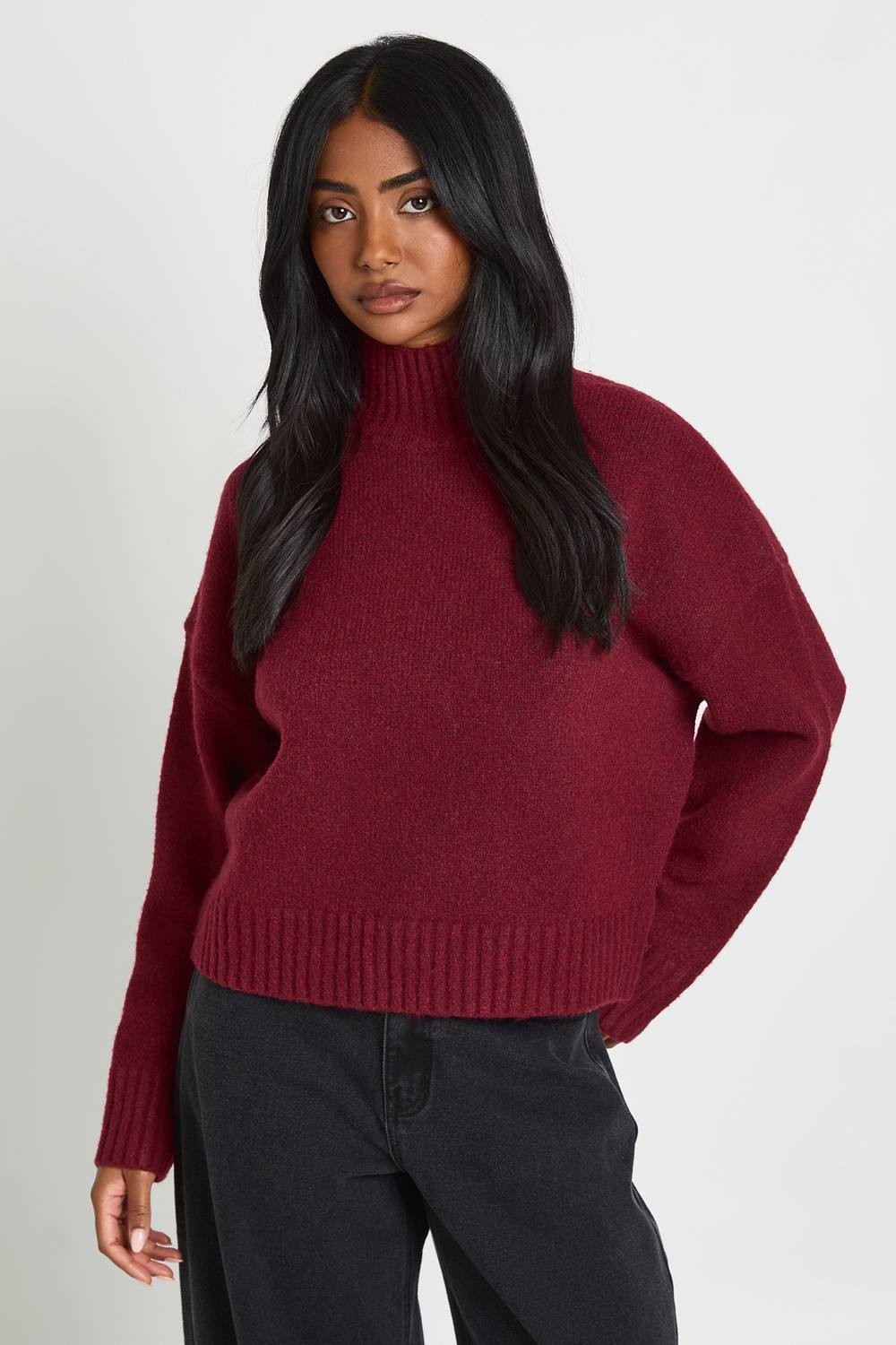 boohoo Women's Petite High Neck Boucle Knit Jumper in Burgundy by boohoo