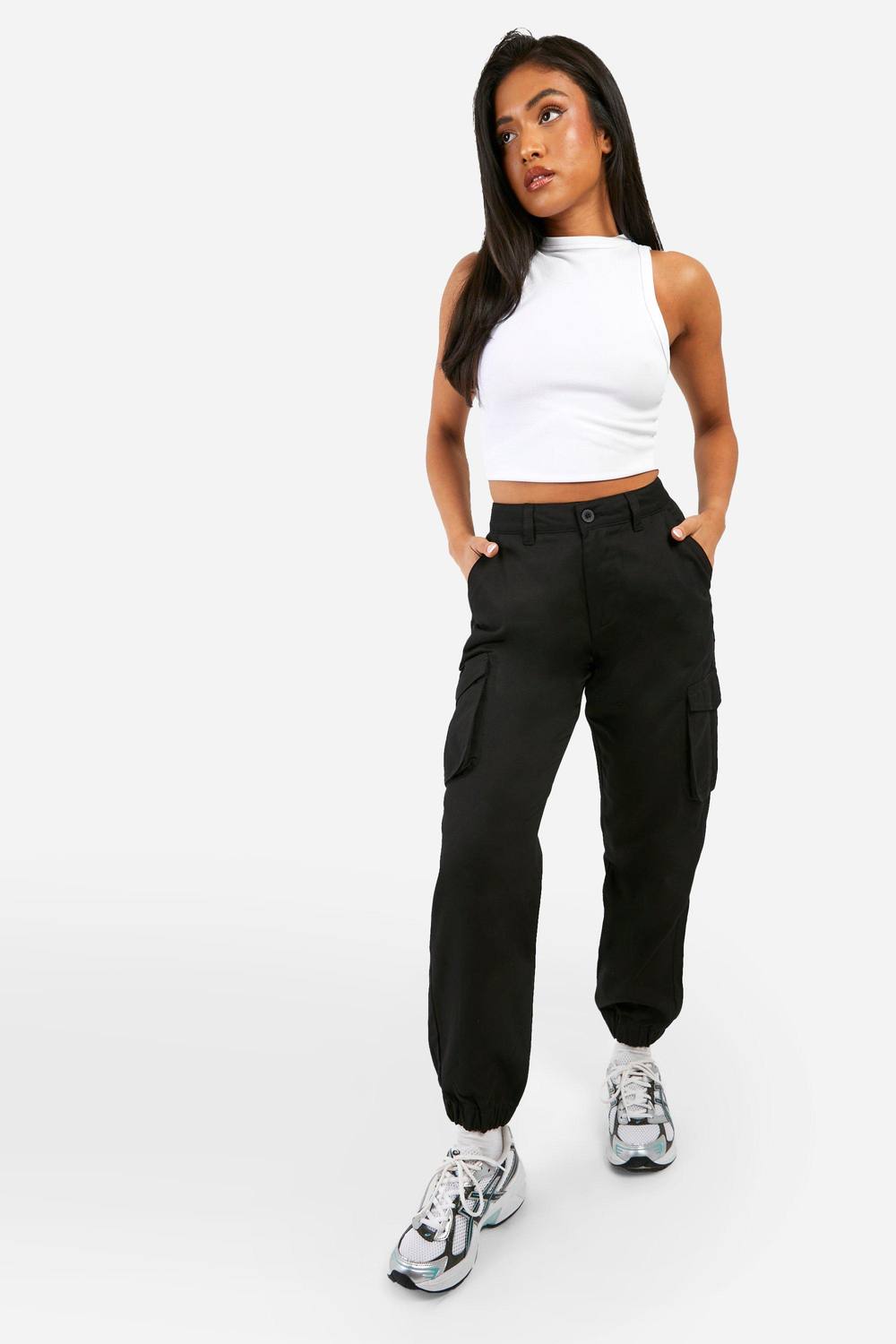 boohoo Women's Petite High Waisted Twill Cargo Joggers Pants in Black by boohoo