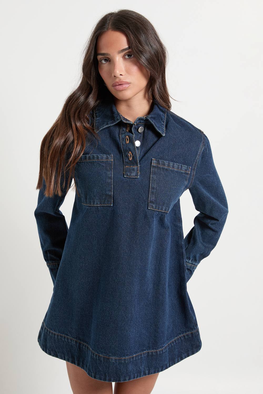 boohoo Women's Petite Long Sleeve Denim Dress in Indigo by boohoo