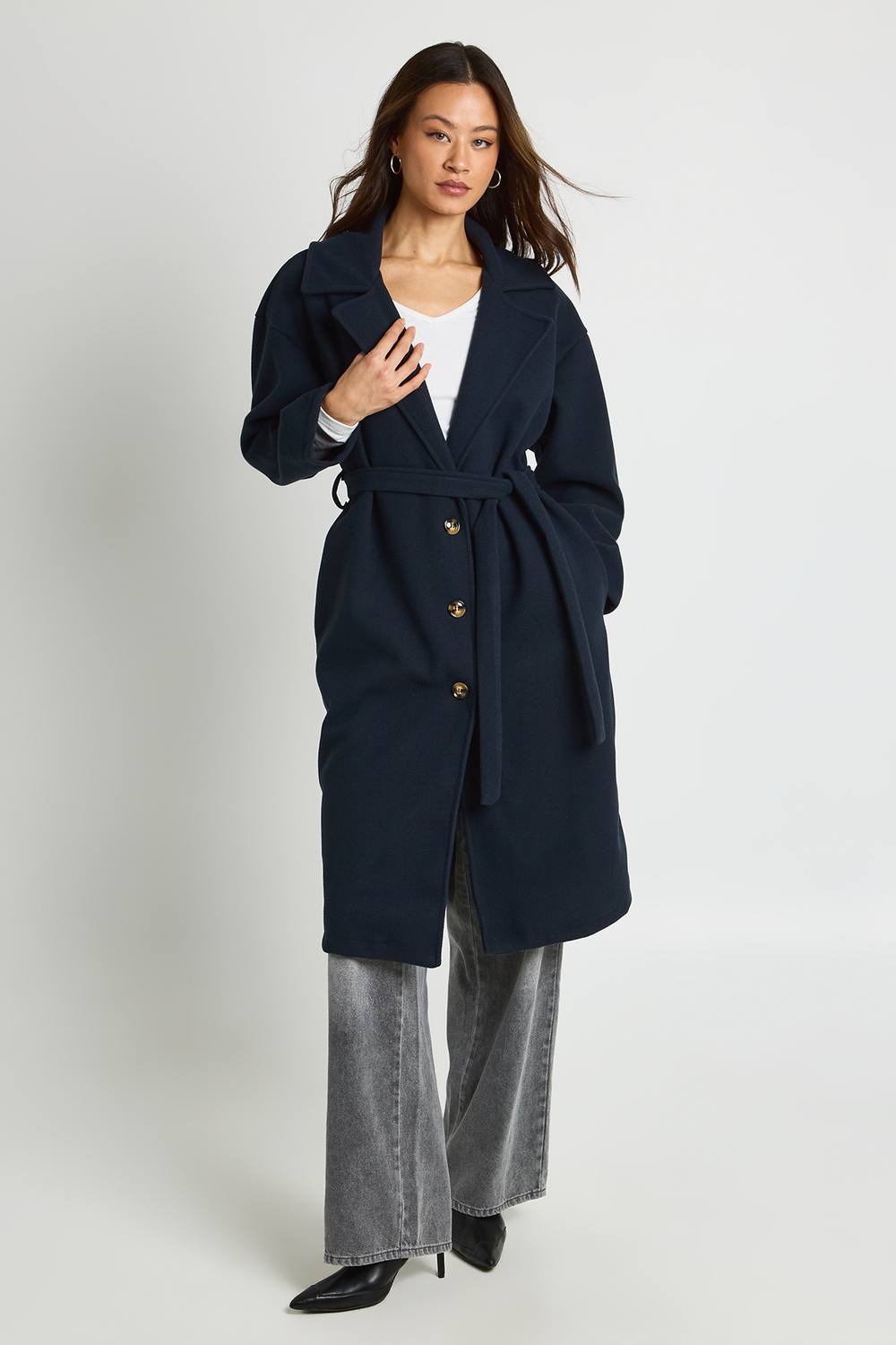 boohoo Women's Petite Oversized Belted Button Through Wool Look Coat in Navy by boohoo