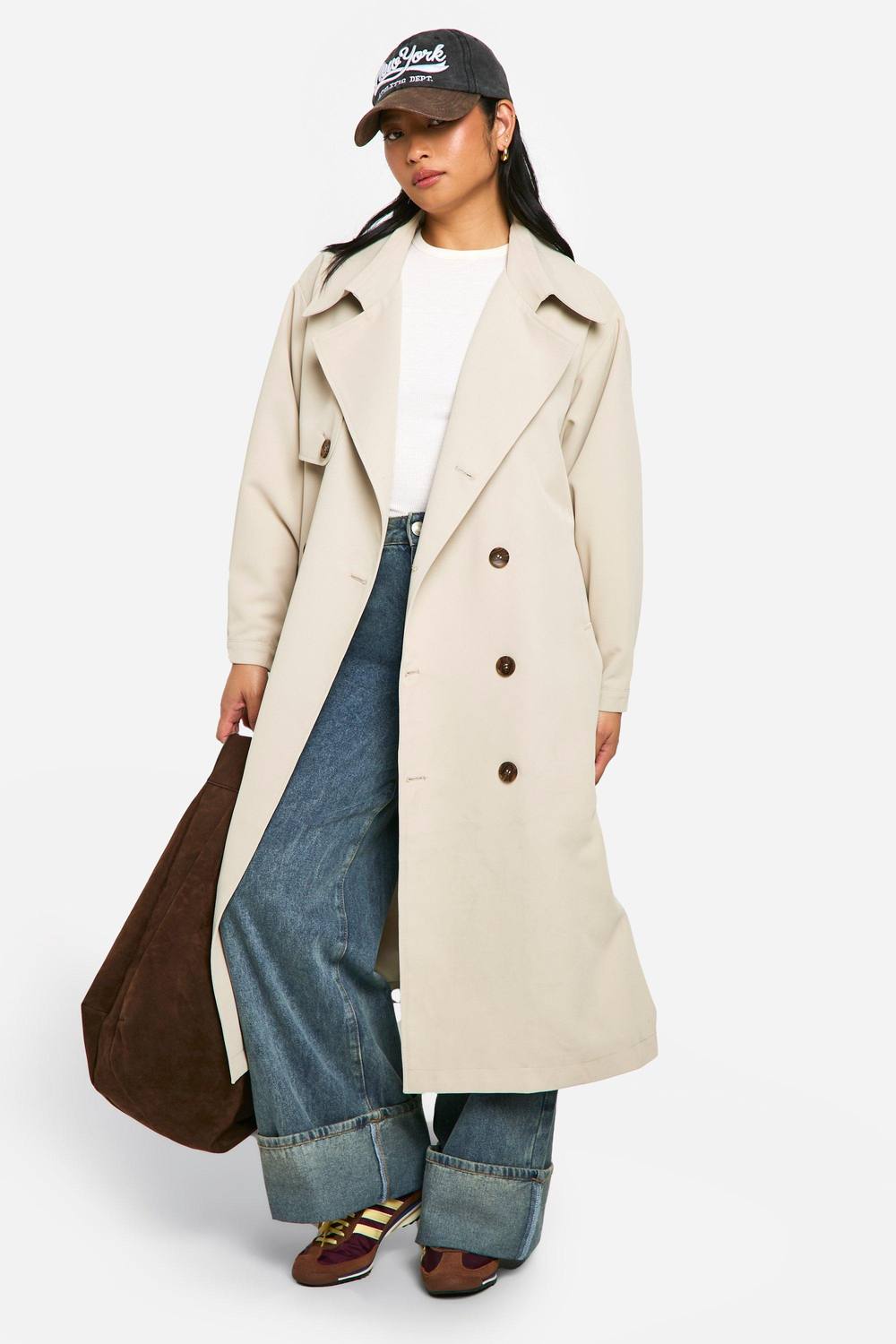 boohoo Women's Petite Oversized Raglan Sleeve Trench Coat in Stone by boohoo