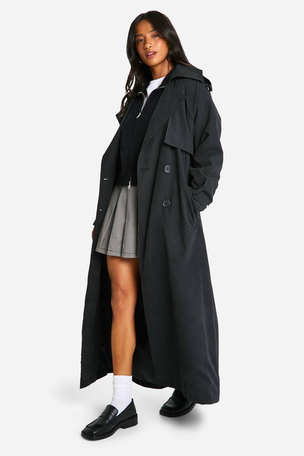 boohoo Women's Petite Peached Oversized Double Breast Trench Coat in Black by boohoo