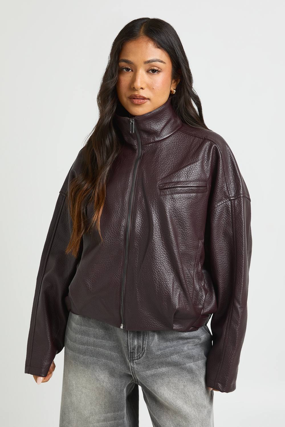 boohoo Women's Petite Pebbled Faux Leather Funnel Neck Hem Detail Bomber Jacket in Chocolate by boohoo