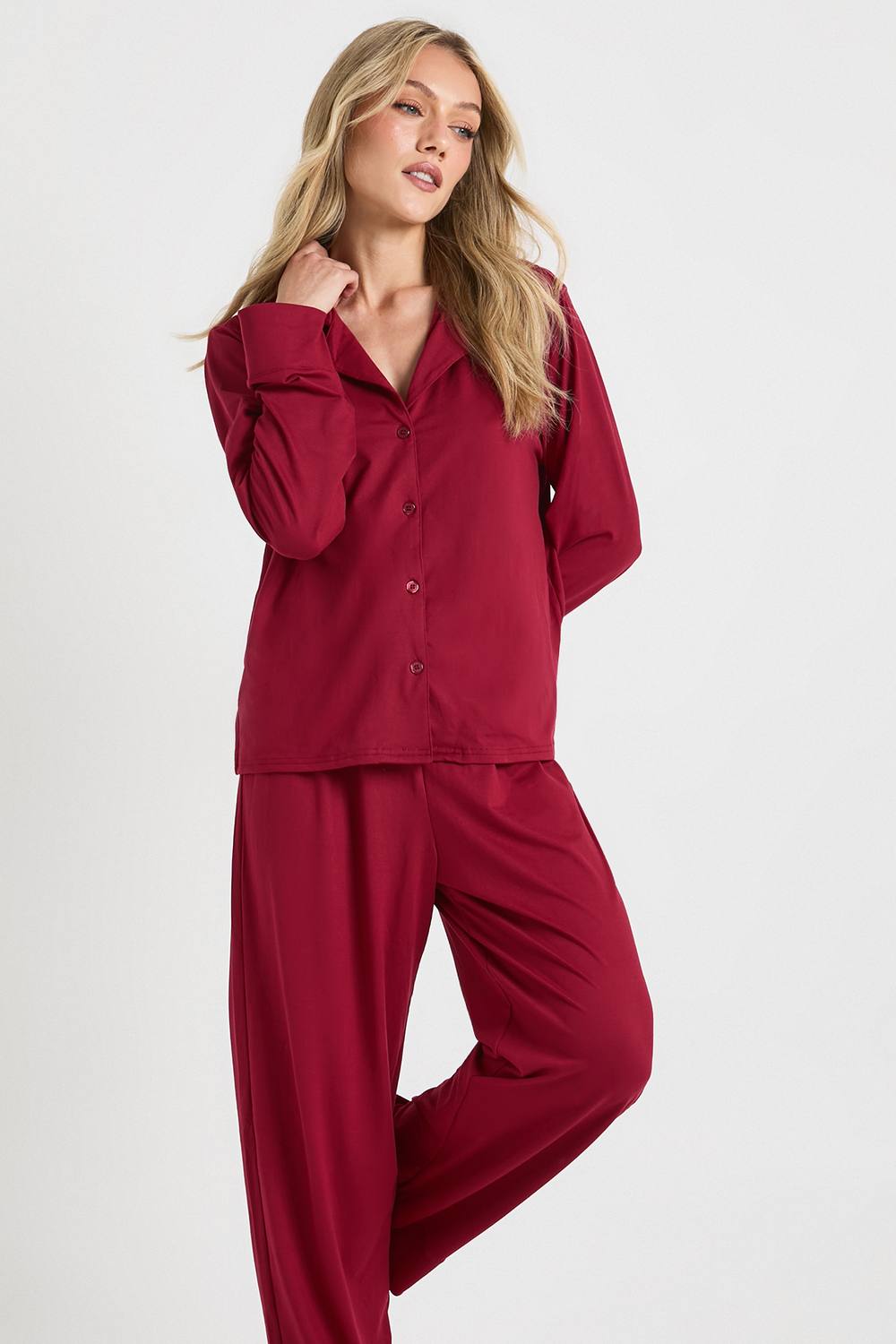 boohoo Women's Petite Soft Touch Button Through Shirt & Trouser Pyjama Set in Burgundy by boohoo