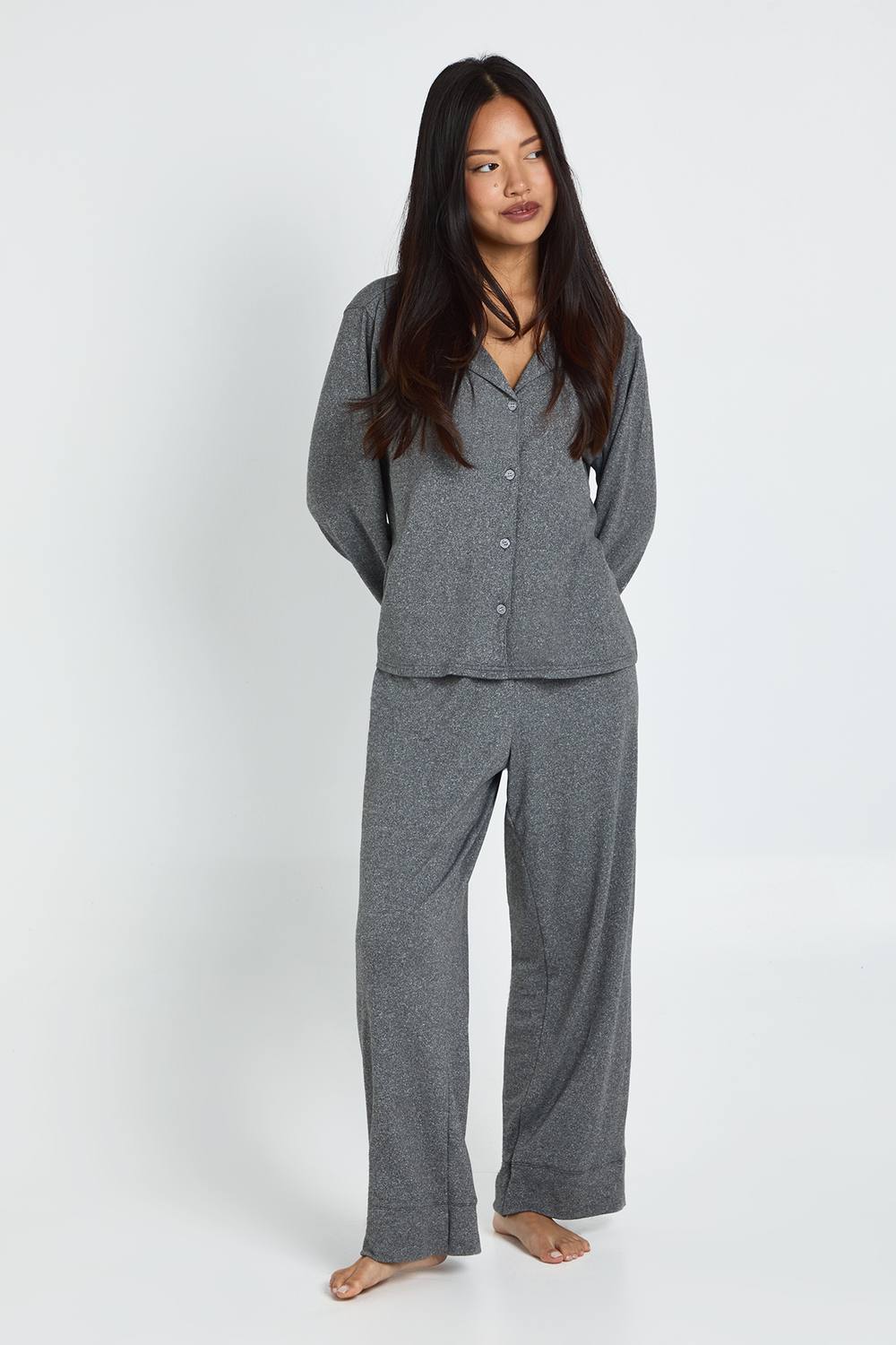 boohoo Women's Petite Soft Touch Button Through Shirt & Trouser Pyjama Set in Grey Marl by boohoo