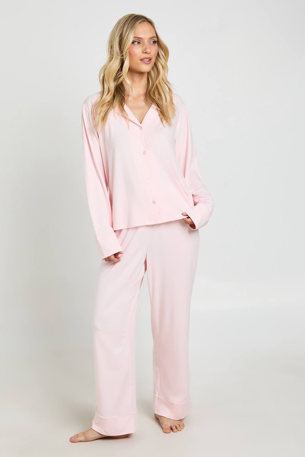 boohoo Women's Petite Soft Touch Button Through Shirt & Trouser Pyjama Set in Baby Pink by boohoo