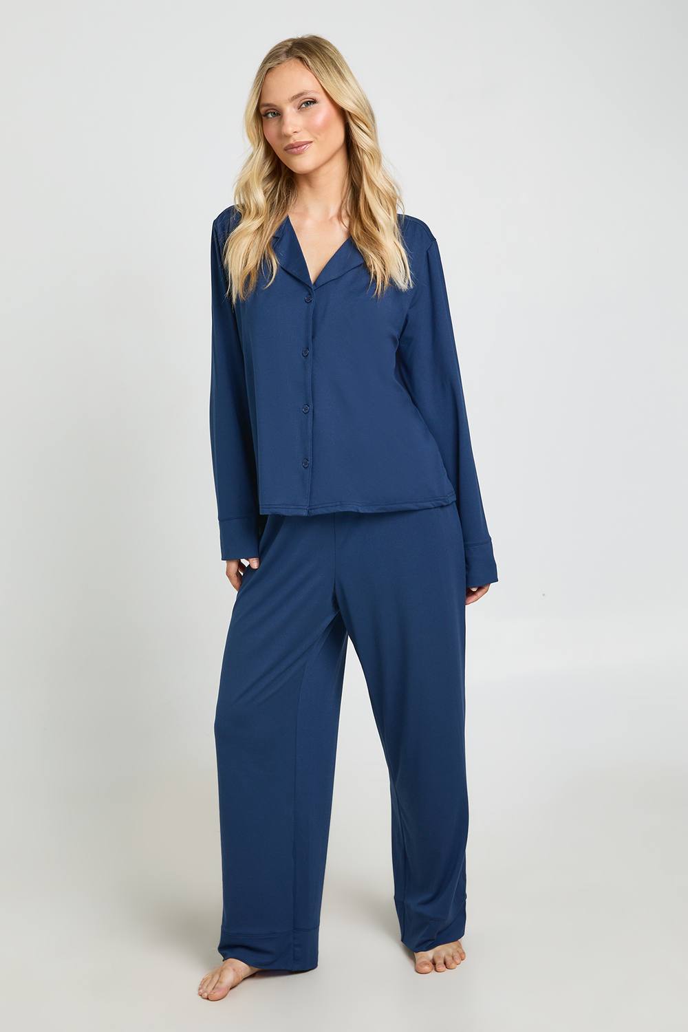 boohoo Women's Petite Soft Touch Button Through Shirt & Trouser Pyjama Set in Navy by boohoo