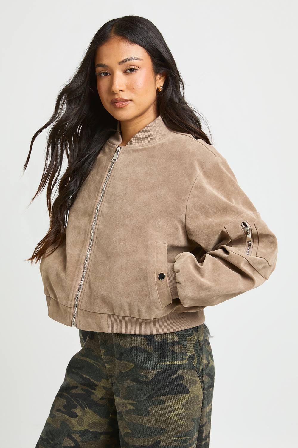 boohoo Women's Petite Suede Look Shoulder Pad Bomber Jacket in Stone by boohoo