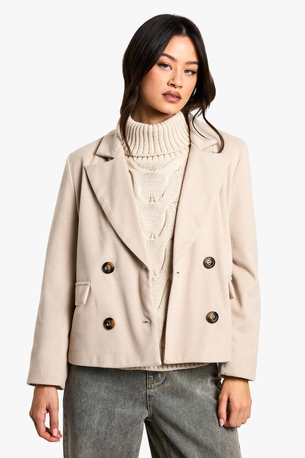 boohoo Women's Petite Wool Look Double Breasted Blazer in Stone by boohoo