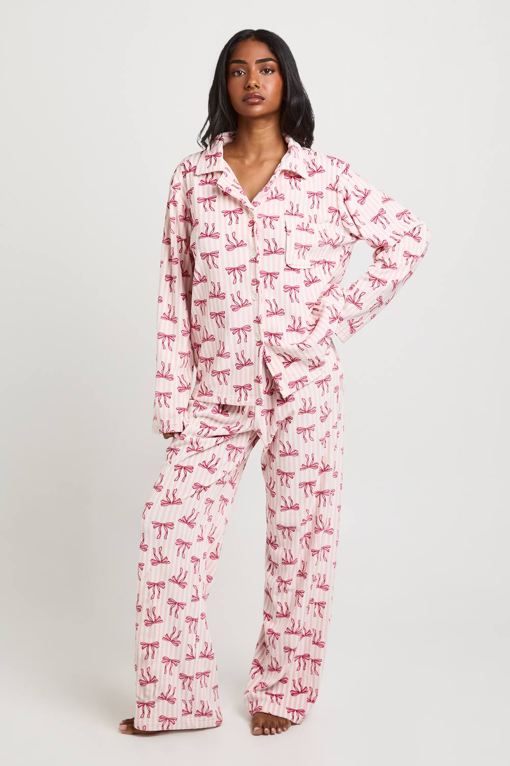 boohoo Women's Pinstripe Bow Print Fleece Long Sleeve Shirt & Trouser Pyjama Set in Baby Pink by boohoo