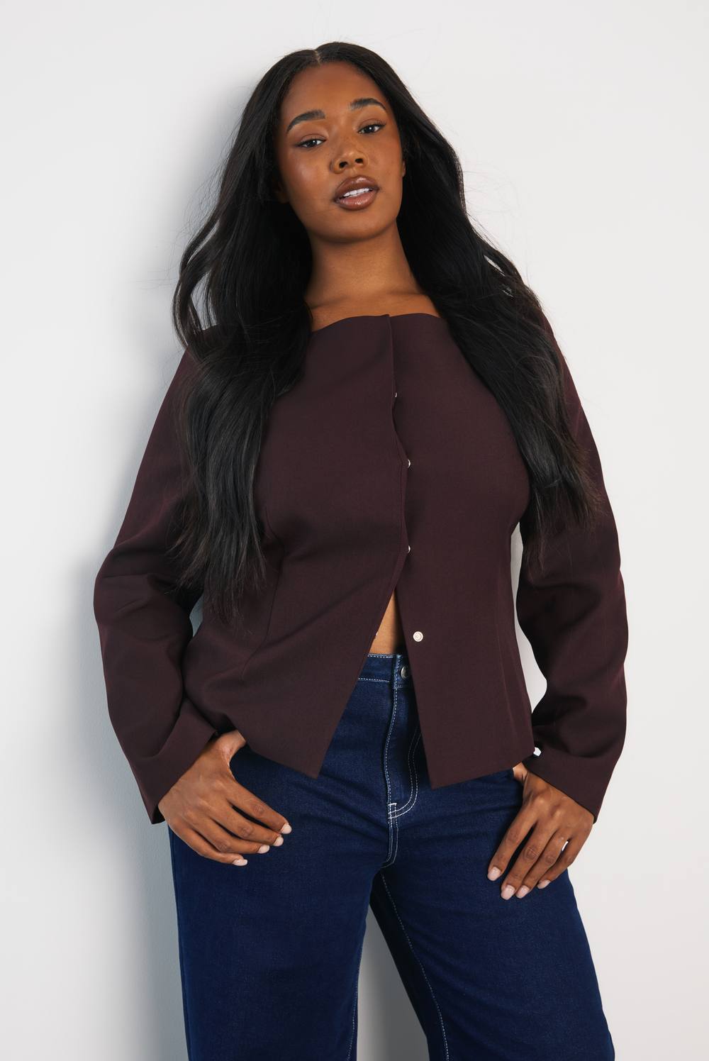 boohoo Women's Plus Boat Neck Conceled Front Blazer in Chocolate by boohoo