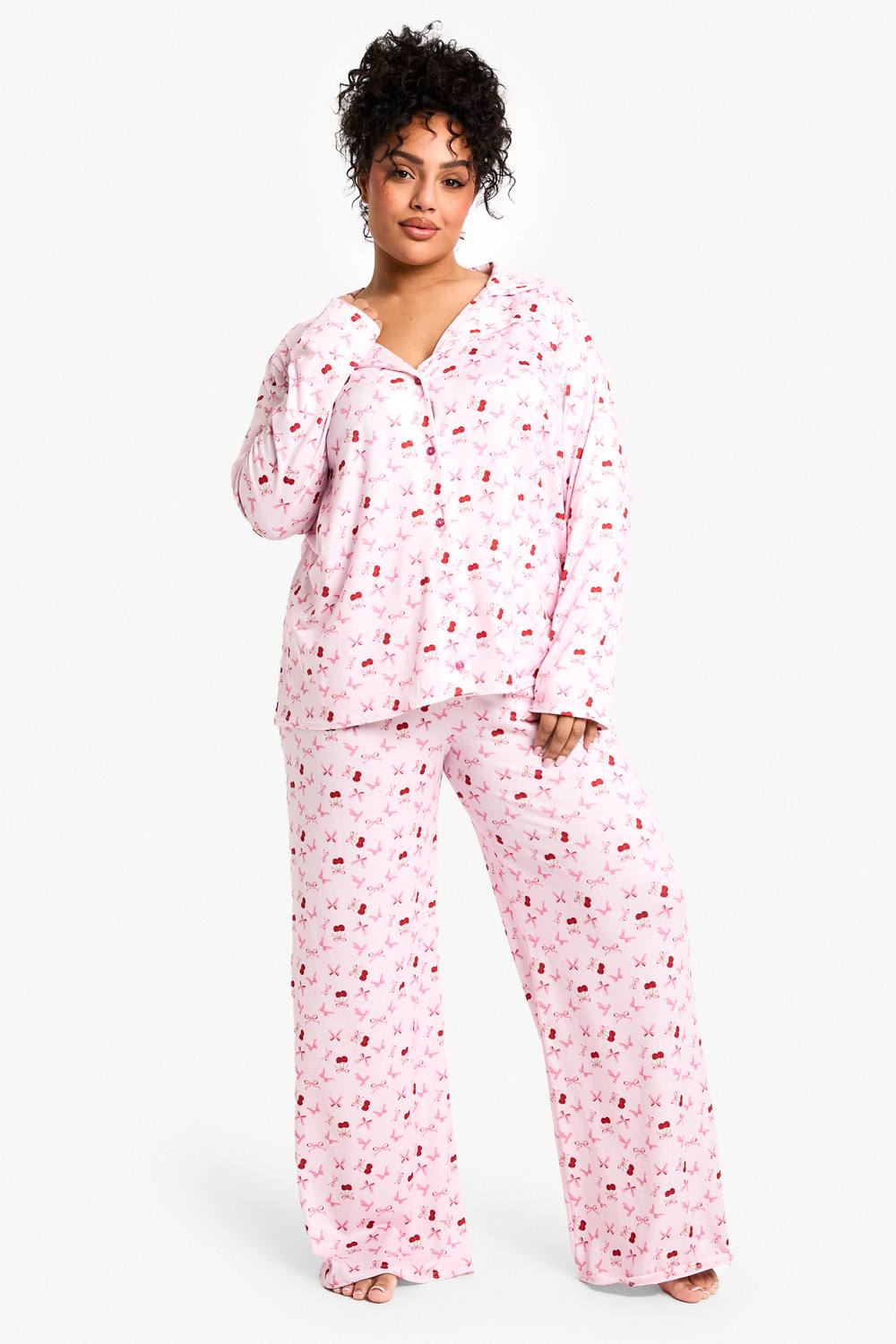 boohoo Women's Plus Cherry Print Long Sleeve & Trouser Pj Set in Baby Pink by boohoo