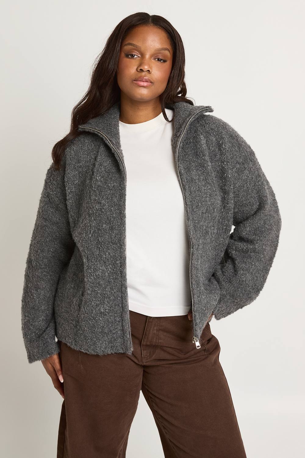 boohoo Women's Plus Chunky Boucle Knit Zip Through High Neck Cardigan in Charcoal by boohoo