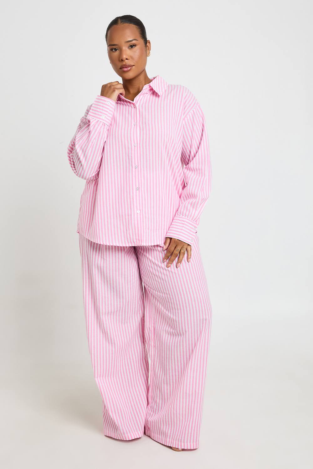 boohoo Women's Plus Cotton Pinstripe Pyjama Trousers in Pink by boohoo