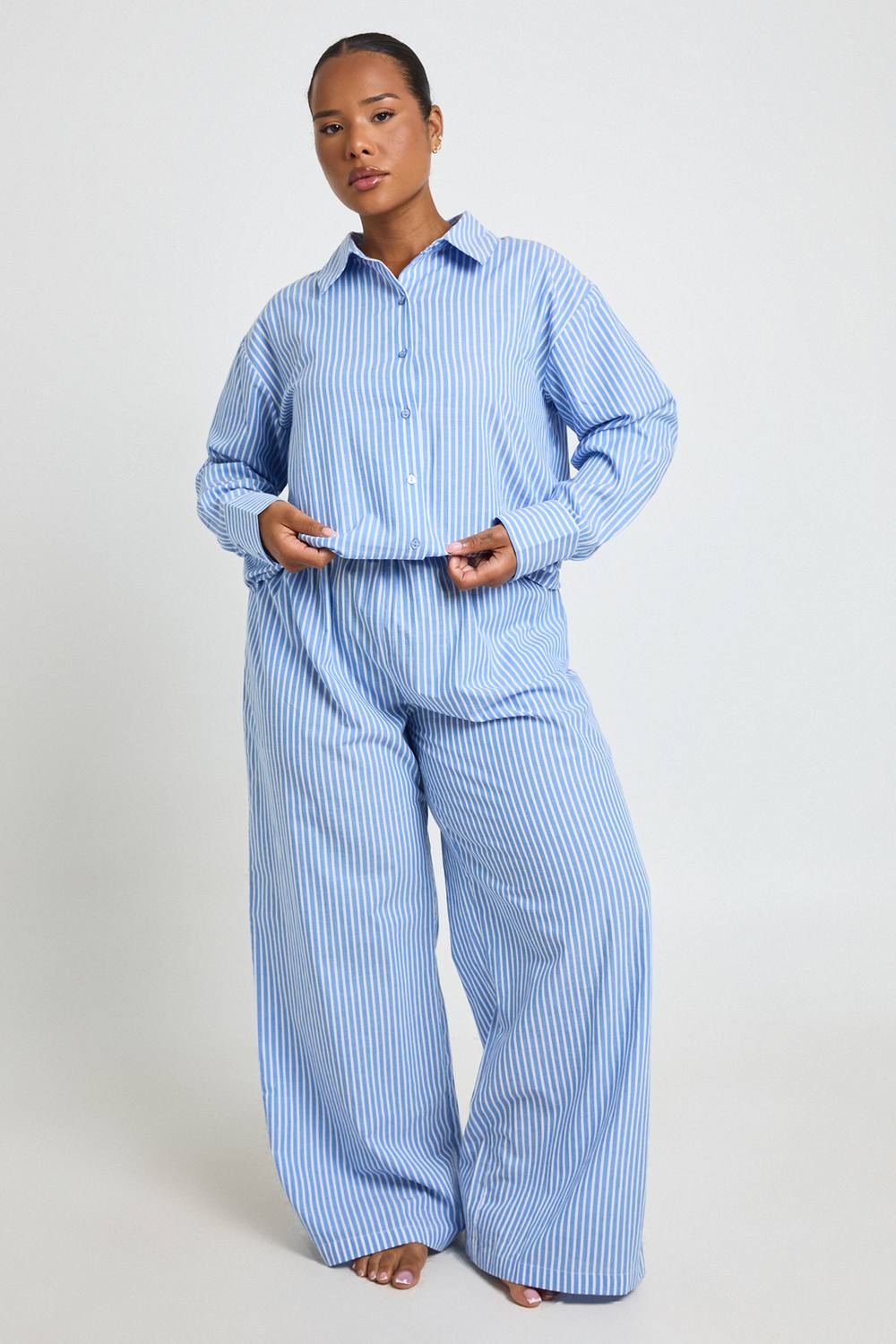 boohoo Women's Plus Cotton Pinstripe Pyjama Trousers in Blue by boohoo