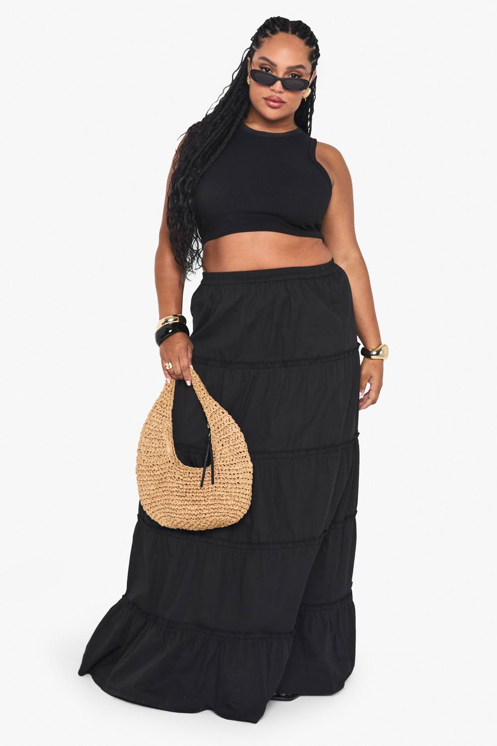 boohoo Women's Plus Cotton Tiered Maxi Skirt in Black by boohoo