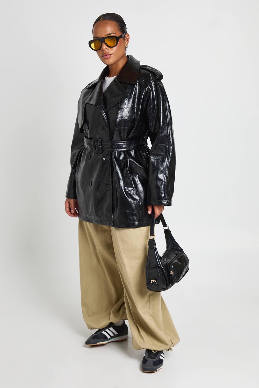 boohoo Women's Plus Croc Faux Leather Belted Trench Coat in Black by boohoo