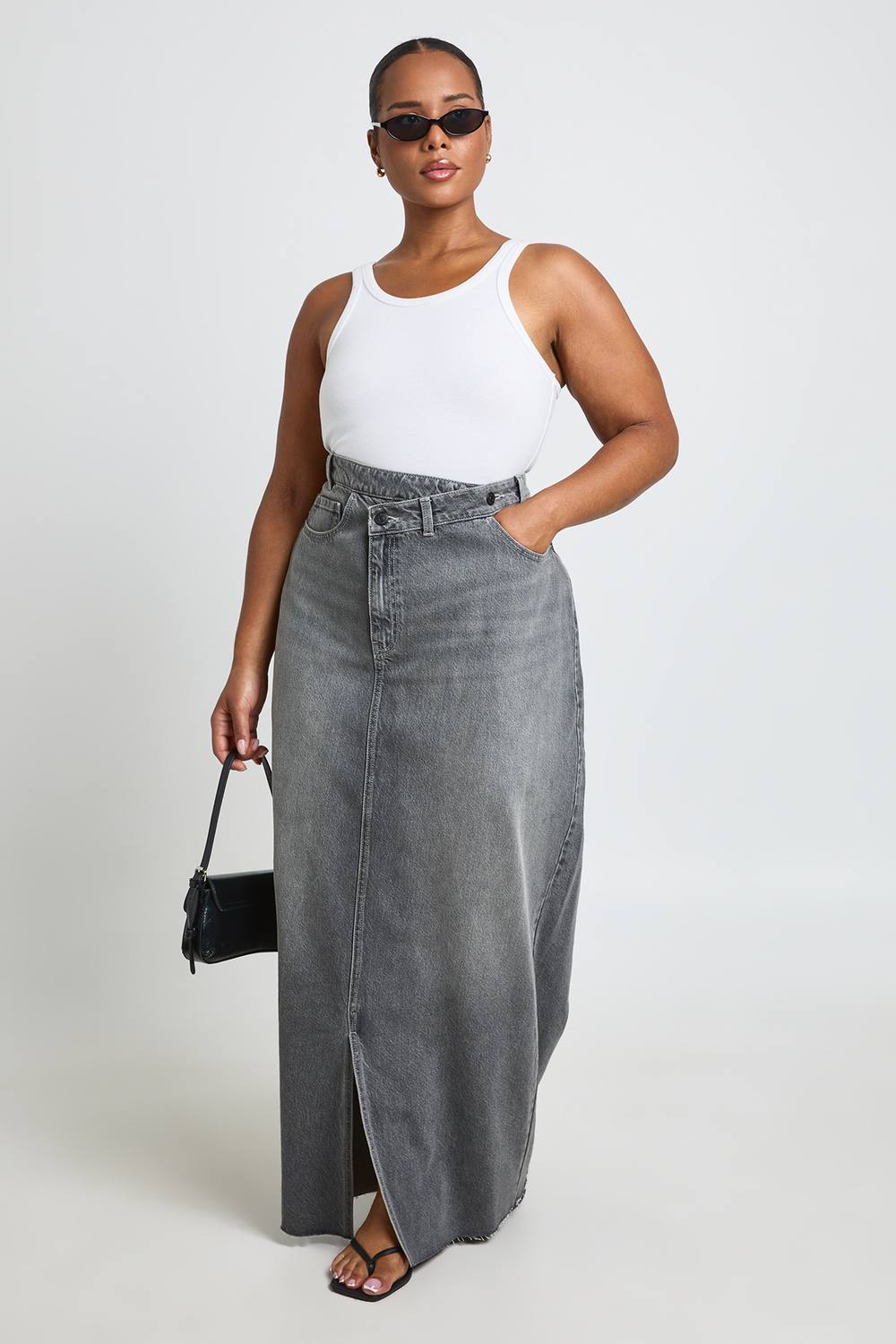 boohoo Women's Plus Cross Waistband Midi Skirt in Greywash by boohoo