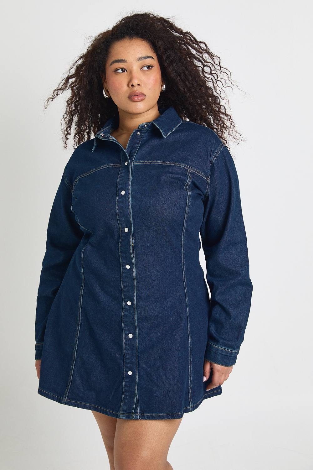 boohoo Women's Plus Denim Cinched Button Down Skater Dress in Dark Indigo by boohoo