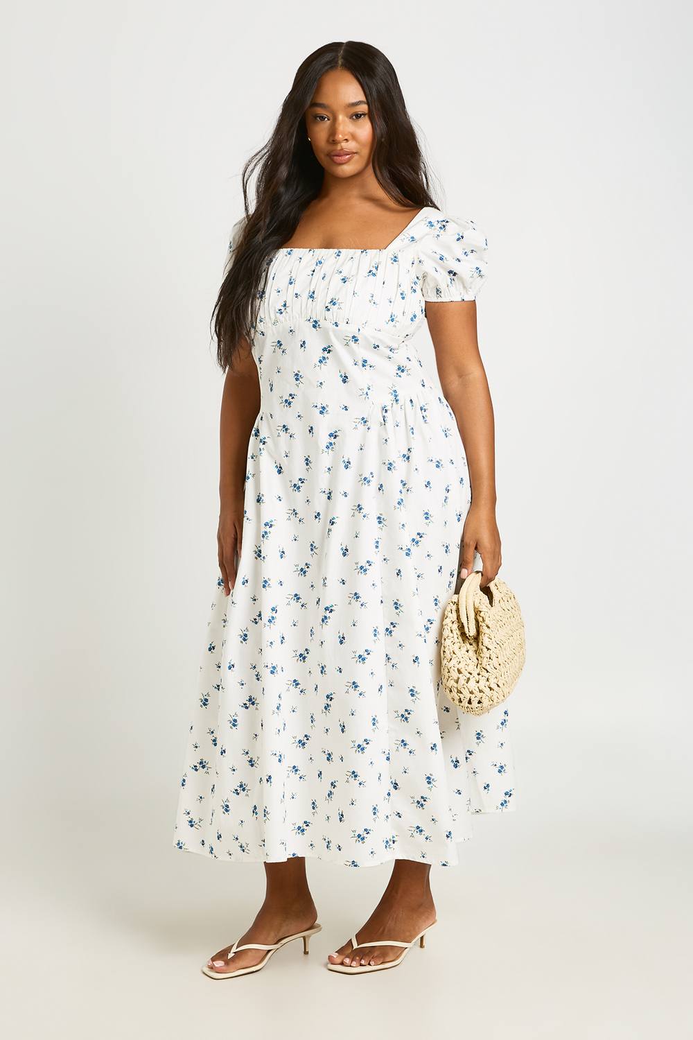 boohoo Women's Plus Ditsy Floral Milkmaid Midaxi Dress in White by boohoo