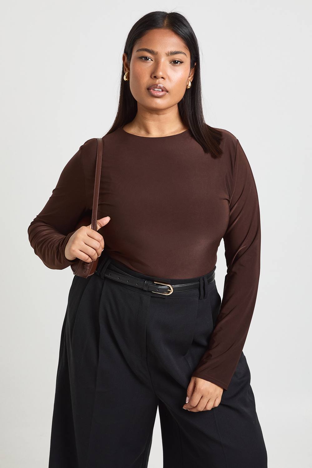 boohoo Women's Plus Double Layer Slinky Long Sleeve Bodysuit in Chocolate by boohoo