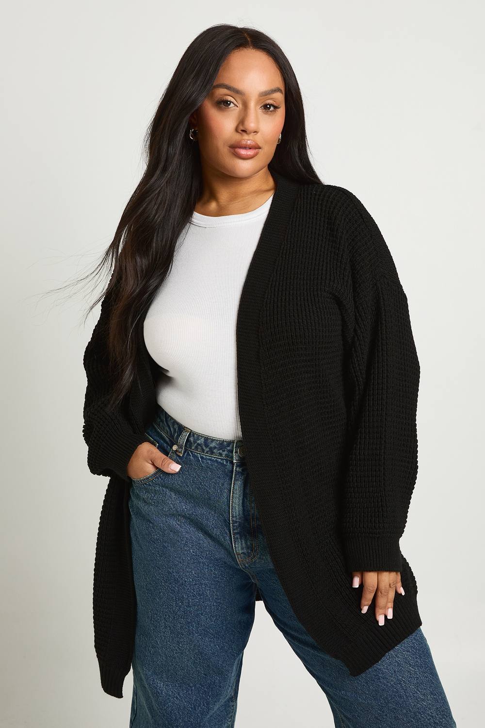 boohoo Women's Plus Edge To Edge Waffle Knit Cardigan in Black by boohoo