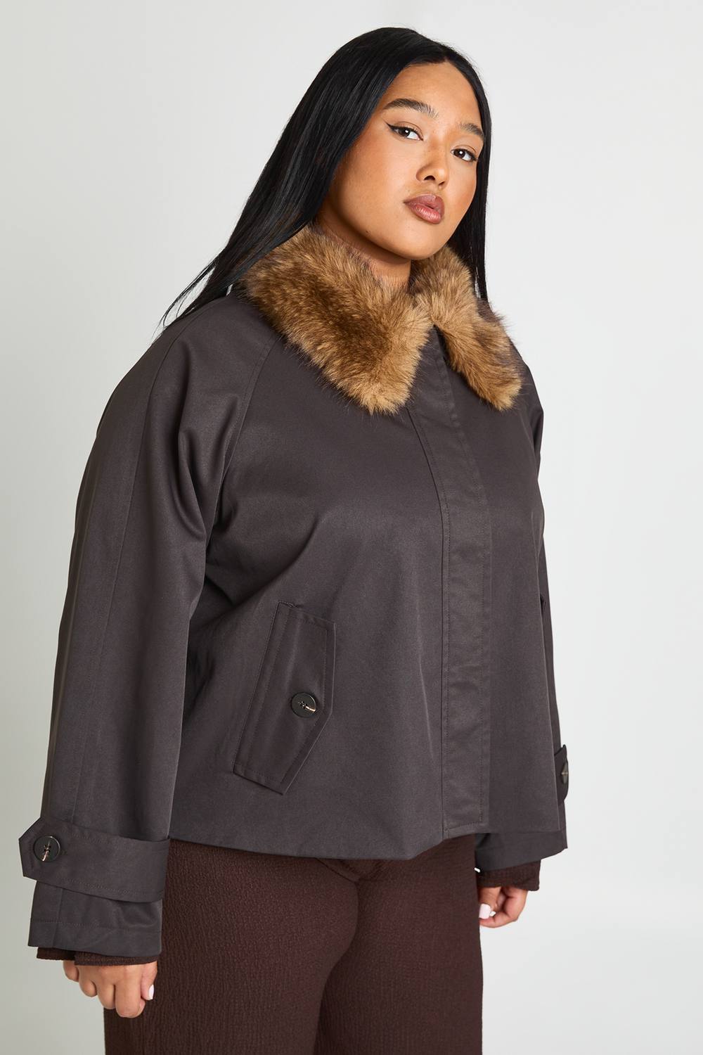 boohoo Women's Plus Faux Fur Trim Funnel Neck Trench Coat in Chocolate by boohoo