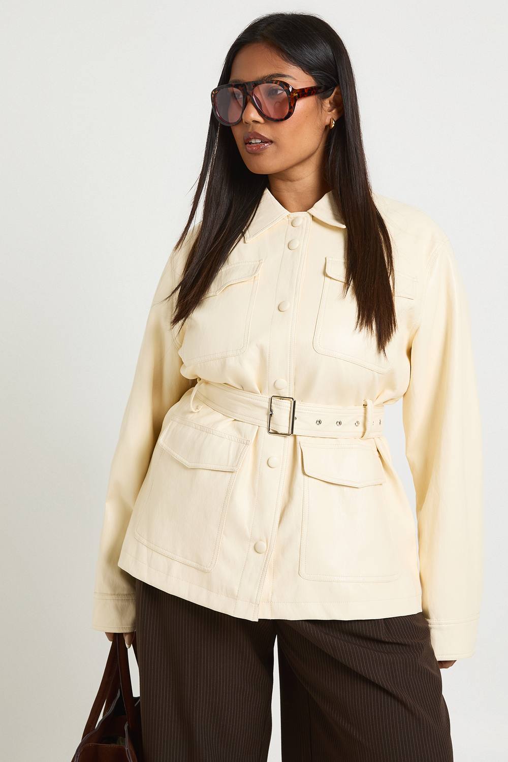 boohoo Women's Plus Faux Leather Belted Utility Pocket Shacket in Butter by boohoo
