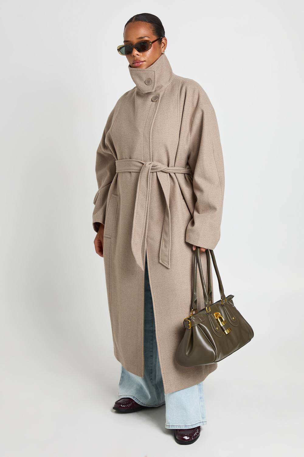 boohoo Women's Plus Funnel Neck Belted Wool Look Coat in Taupe by boohoo