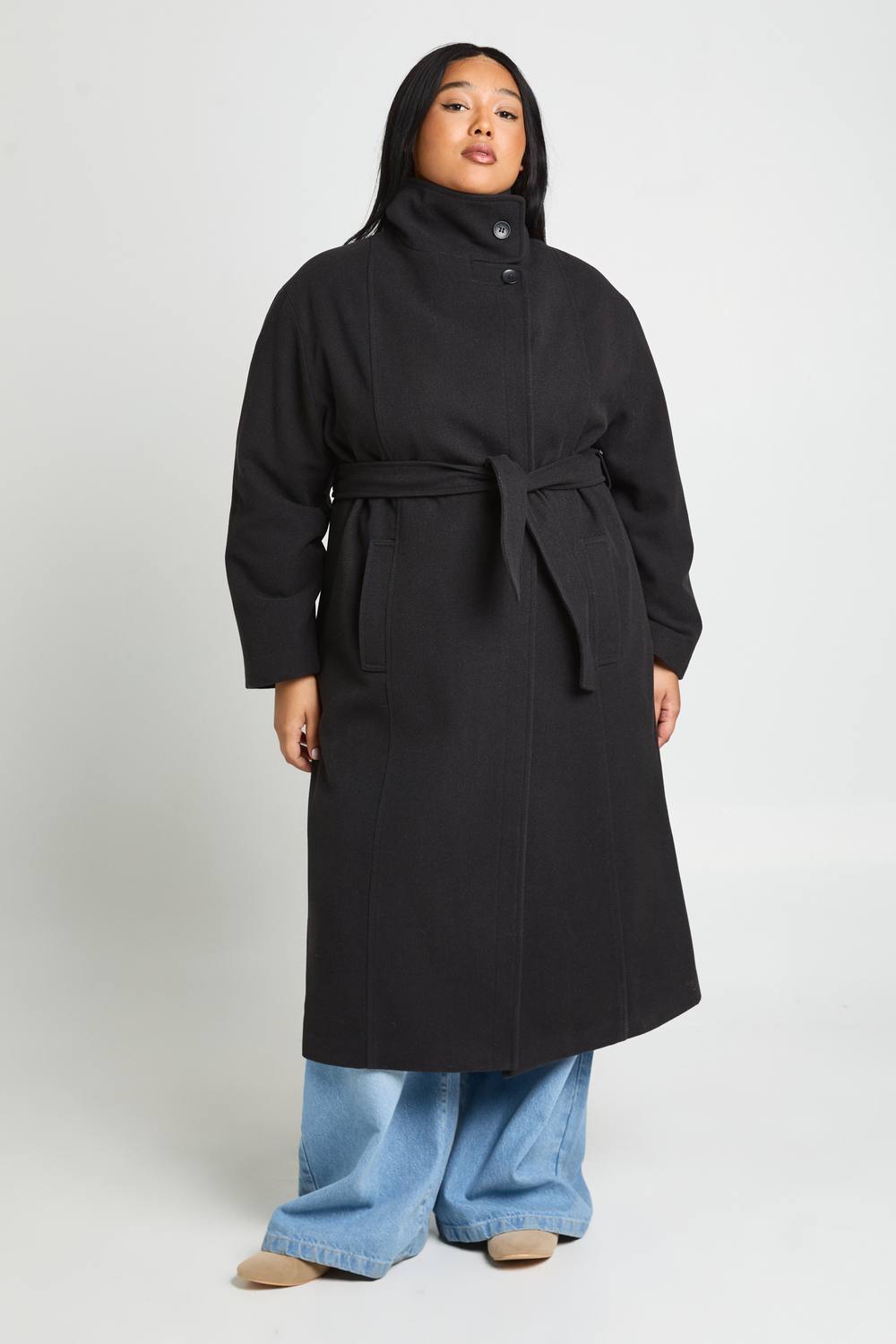 boohoo Women's Plus Funnel Neck Belted Wool Look Coat in Black by boohoo