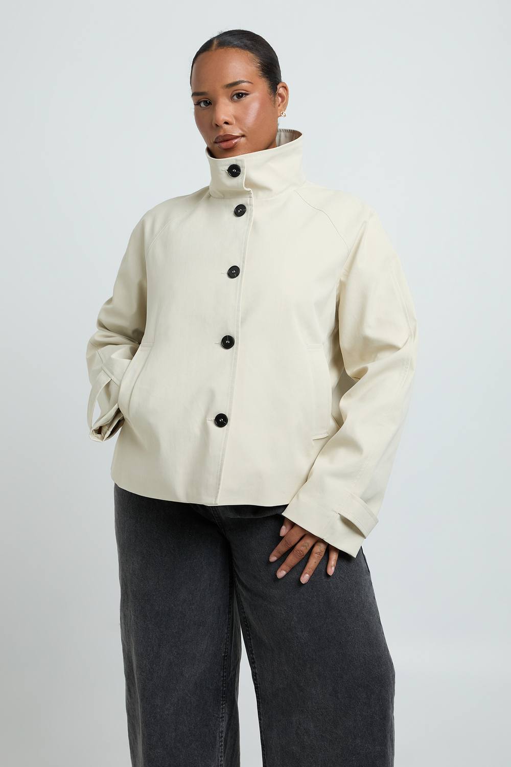 boohoo Women's Plus Funnel Neck Button Up Trench Coat in Stone by boohoo