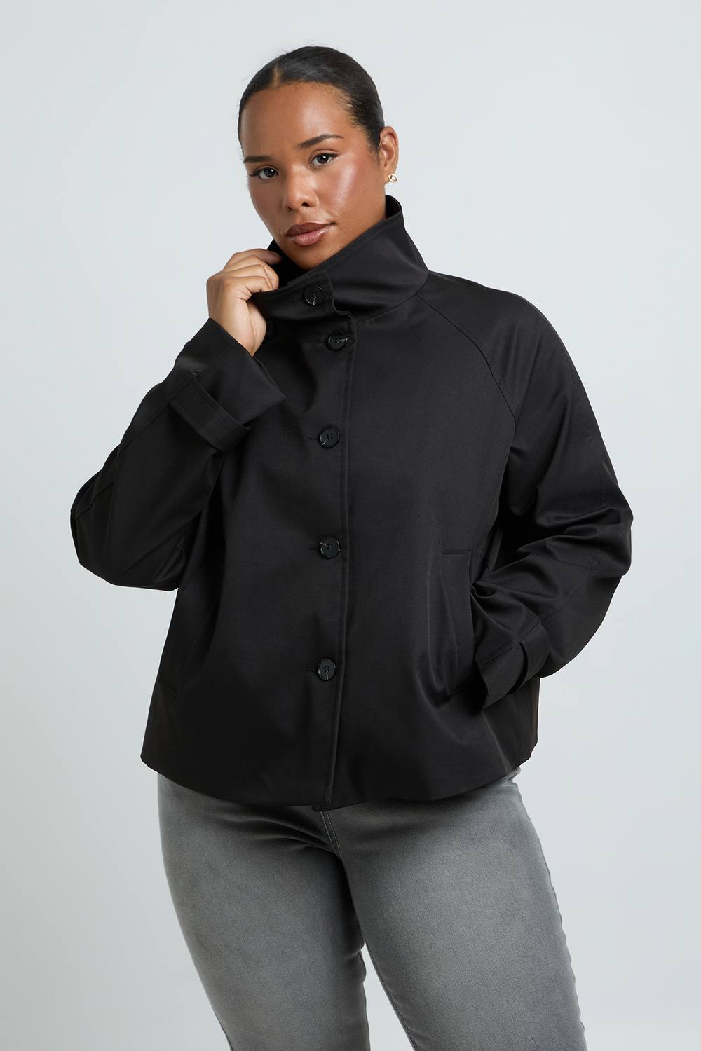 boohoo Women's Plus Funnel Neck Button Up Trench Coat in Black by boohoo