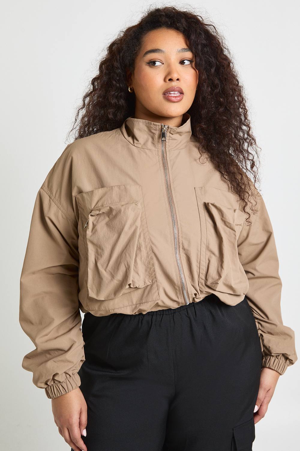 boohoo Women's Plus Funnel Neck Cropped Utility Jacket in Mushroom by boohoo