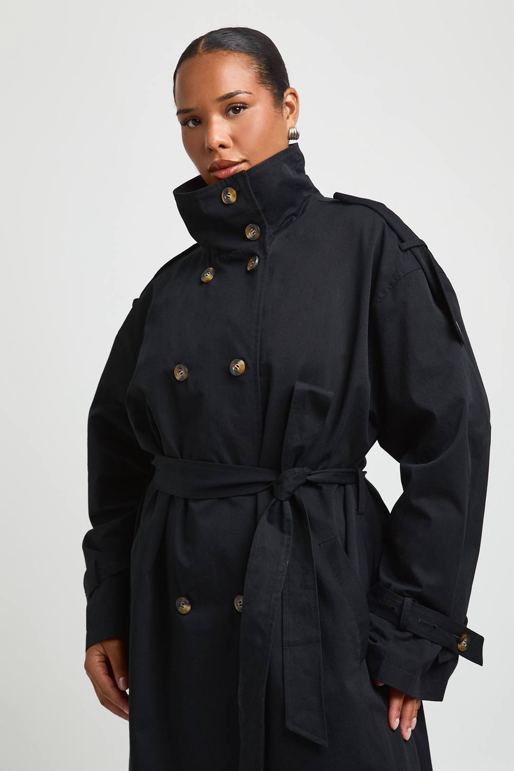 boohoo Women's Plus Funnel Neck Double Breasted Trench Coat in Black by boohoo