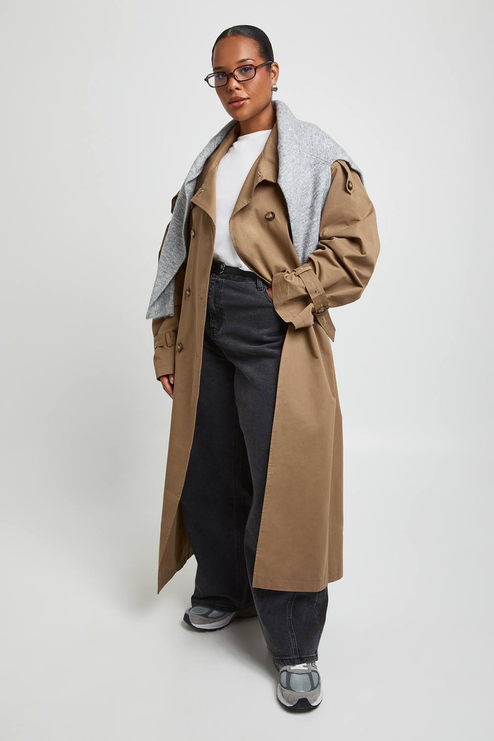 boohoo Women's Plus Funnel Neck Double Breasted Trench Coat in Mushroom by boohoo