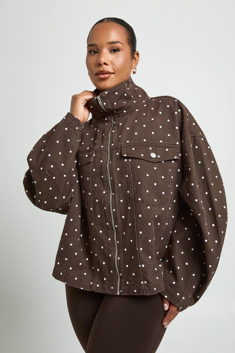boohoo Women's Plus Funnel Neck Polka Dot Print Denim Jacket in Chocolate by boohoo