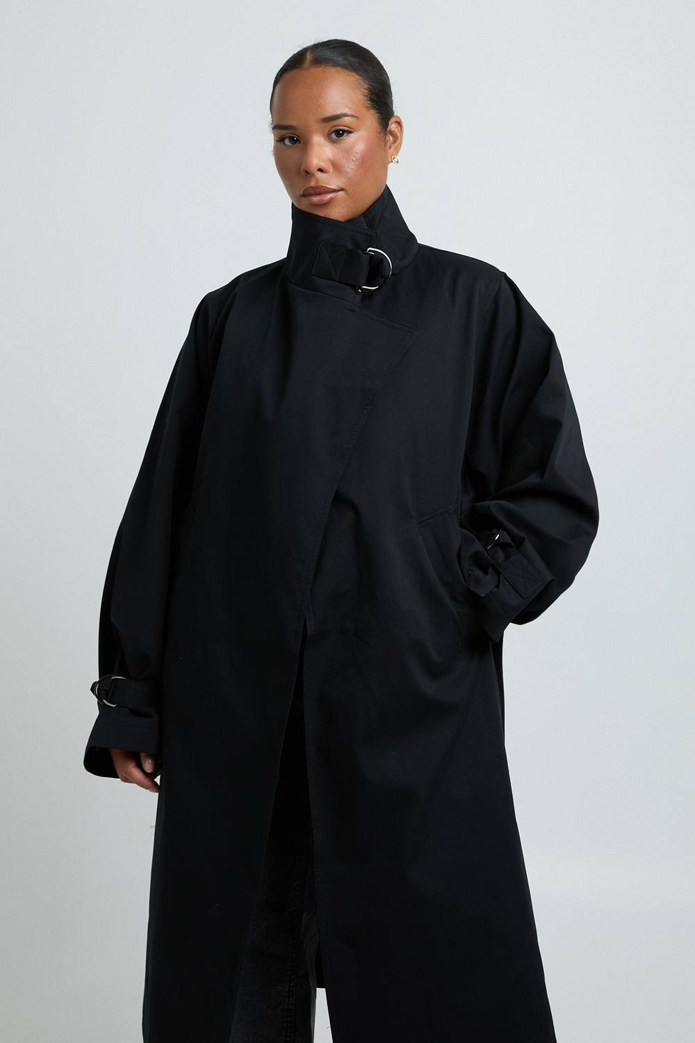 boohoo Women's Plus Funnel Neck Wrap Trench Coat in Black by boohoo