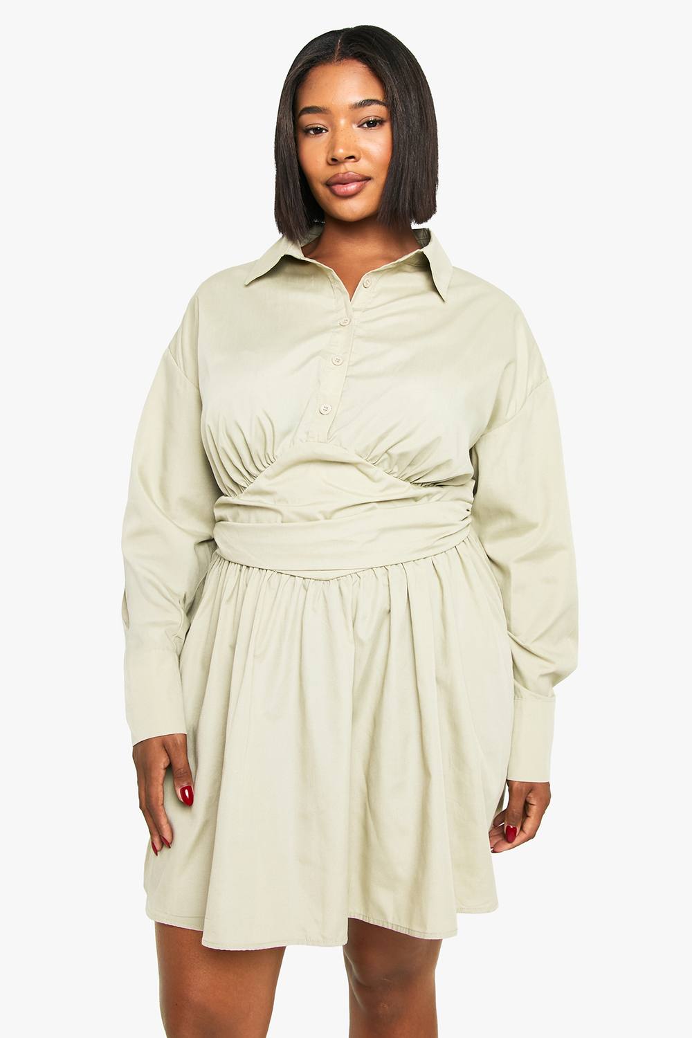boohoo Women's Plus Gathered Waist Detail Skater Shirt Dress in Light Khaki by boohoo