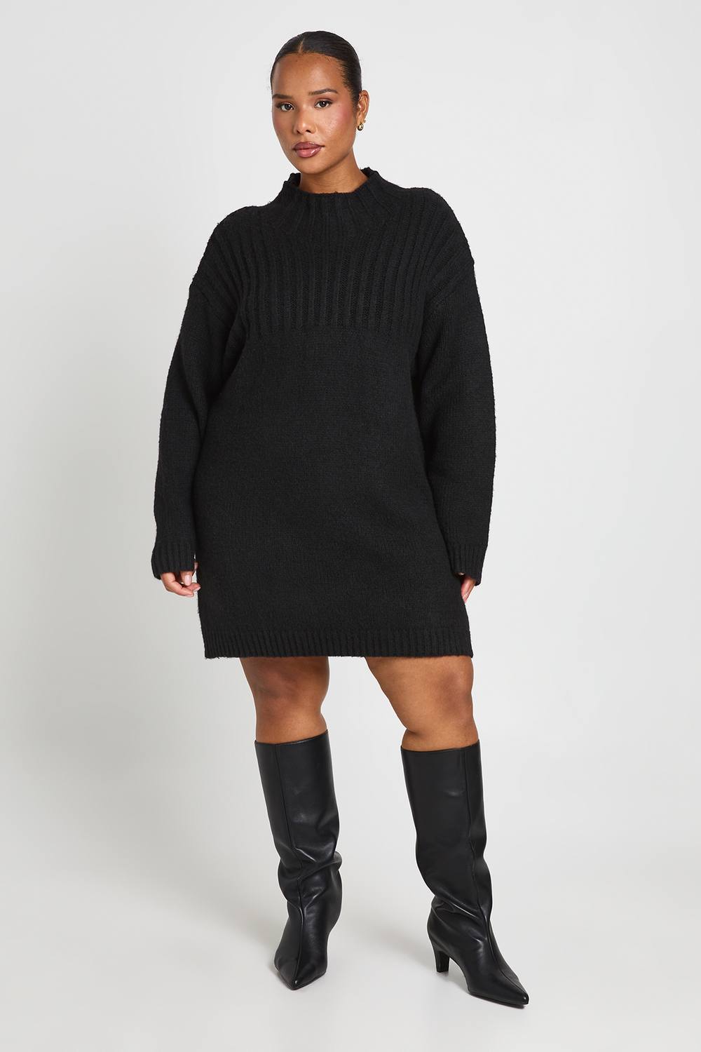 boohoo Women's Plus High Neck Oversized Knitted Mini Jumper Dress in Black by boohoo