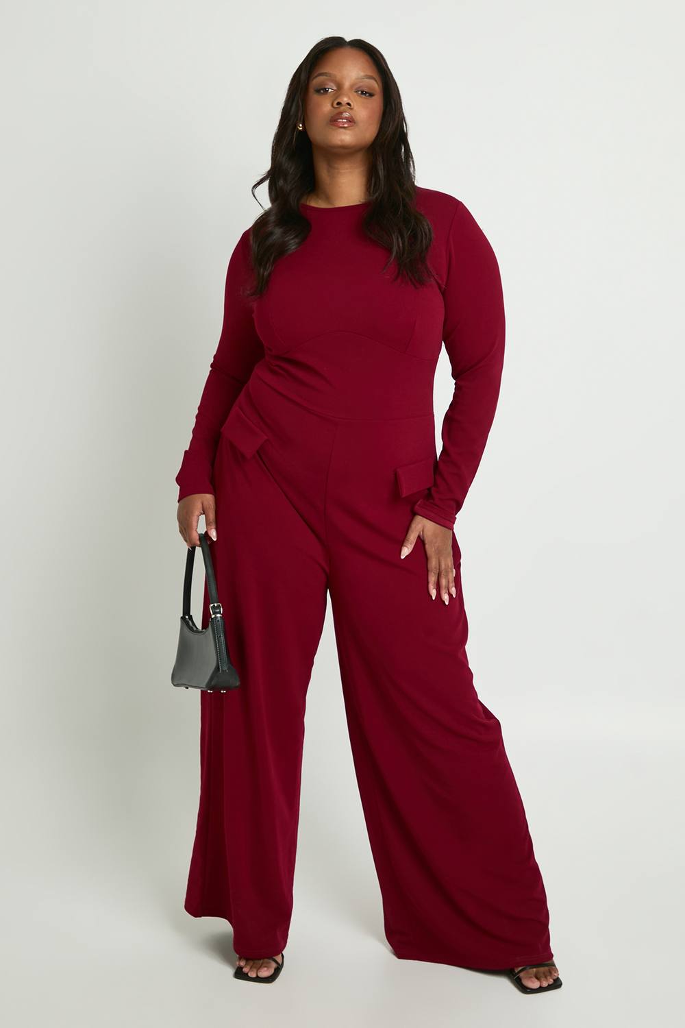 boohoo Women's Plus Jersey Crepe Slash Neck Long Sleeve Jumpsuit in Burgundy by boohoo