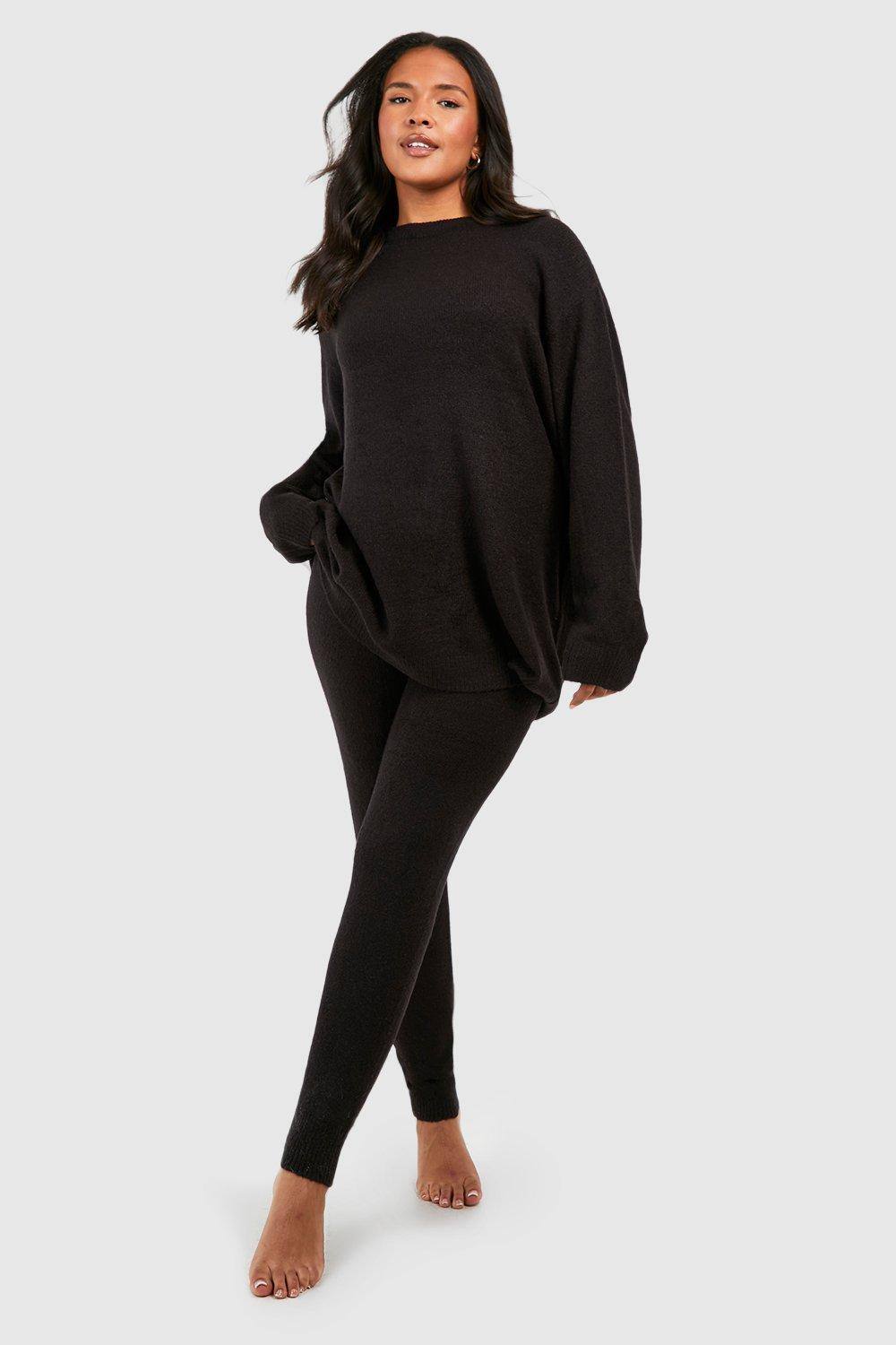 boohoo Women's Plus Knitted Crew Neck Jumper Lounge Set in Black by boohoo