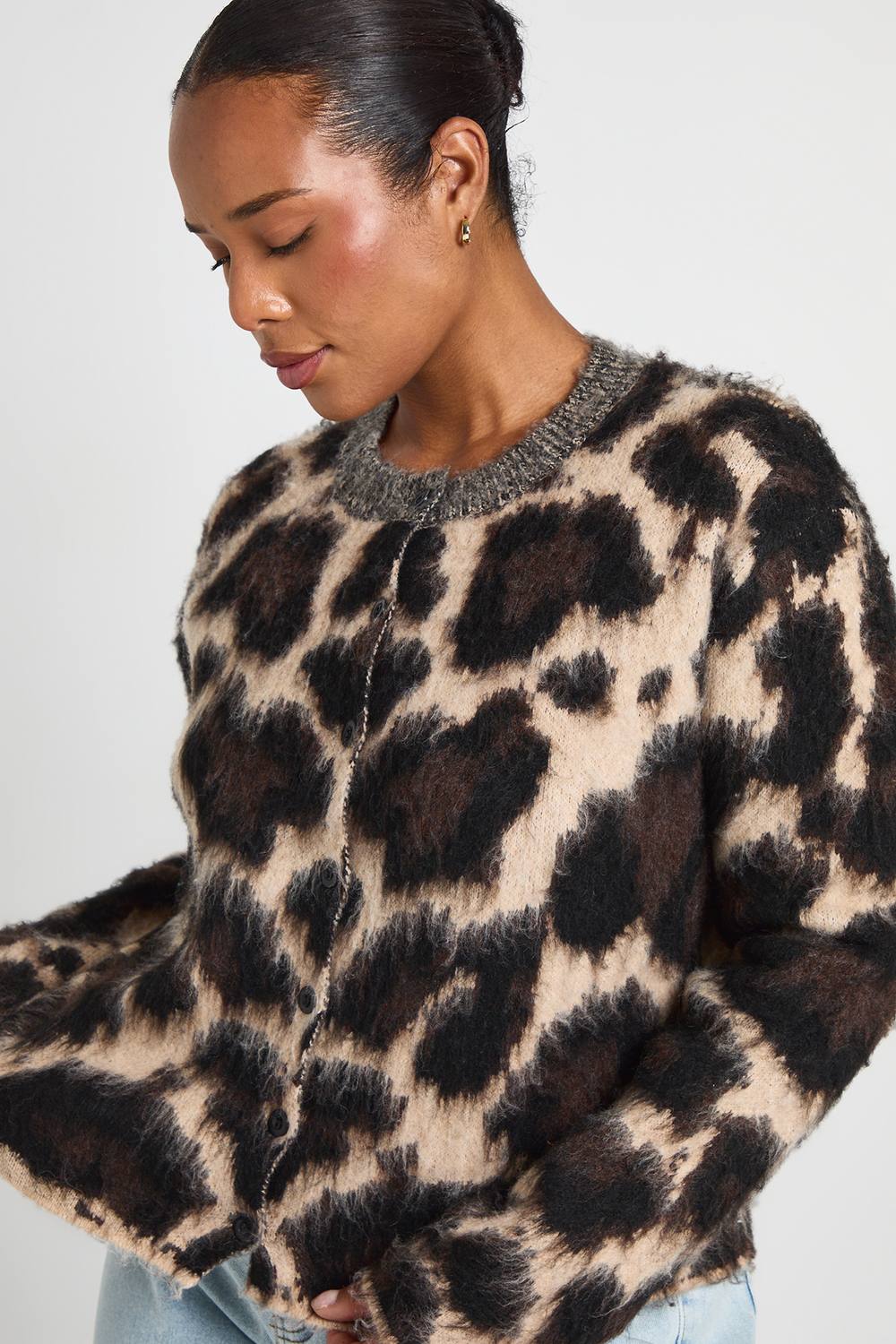 boohoo Women's Plus Leopard Print Super Soft Crew Neck Cardigan in Brown by boohoo