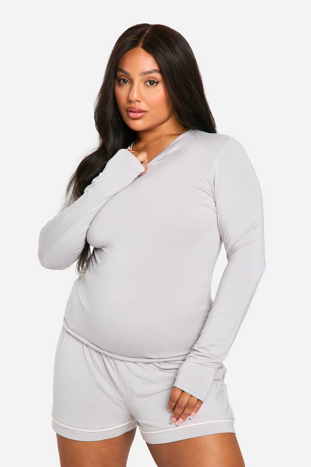 boohoo Women's Plus Long Sleeve Modal Lounge T-Shirt in Ash Grey by boohoo
