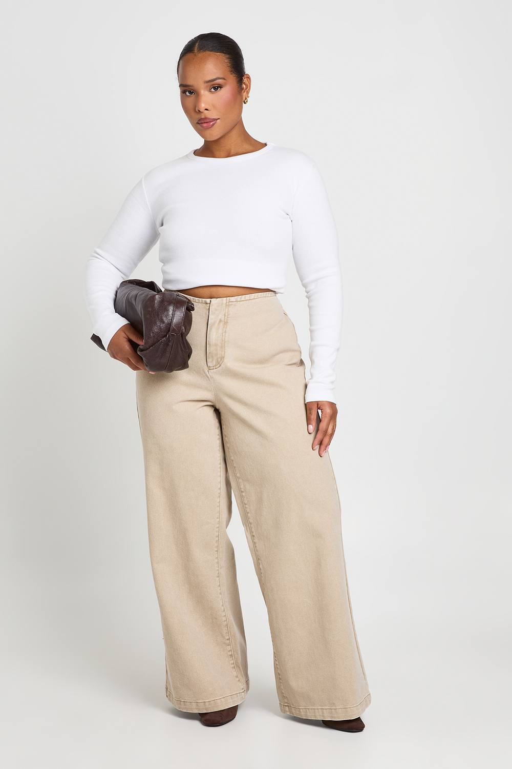 boohoo Women's Plus Low Waist Removed Waist Detail Wide Leg in Stone by boohoo
